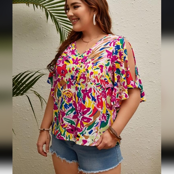 NWOT Floral V-Neck & Flounce Butterfly Sleeve Blouse by Shein VCAY - Picture 4 of 15